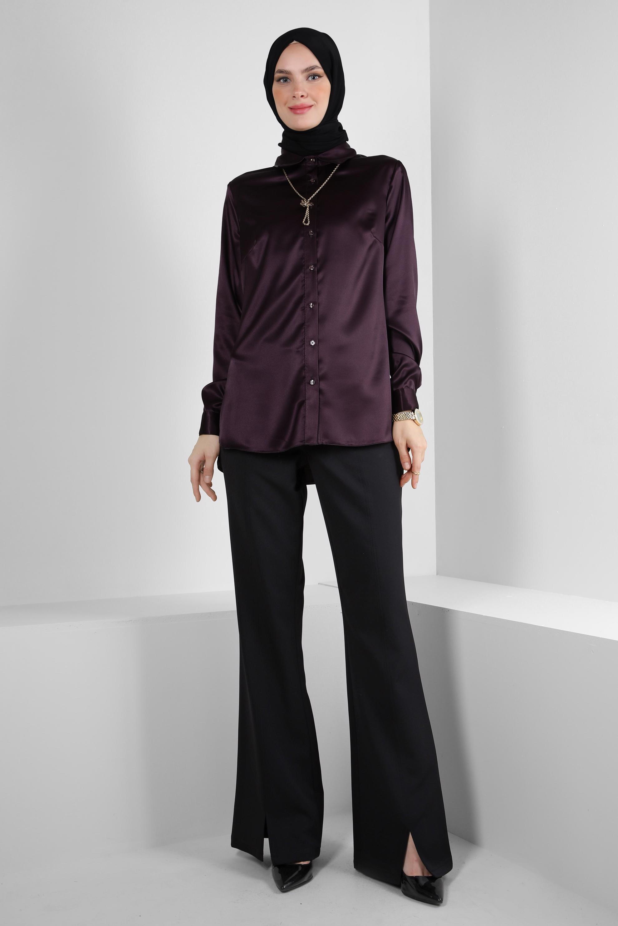 Tesettür giyim MÜRDÜM DÜĞMELİ SATEN BLUZ 43755